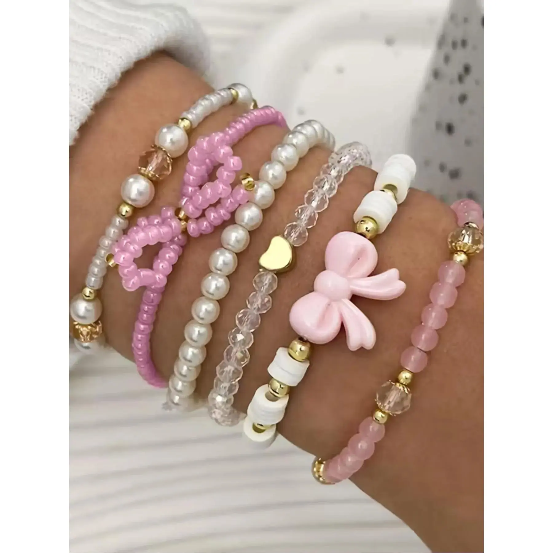 Mother's Day Gift 6 Pcs Glass Bead & Faux Pearl Bracelet Set, Cute Y2K Bow & Heart Design, Handmade Layered Stackable Bracelets for Women, Stacking Bracelet