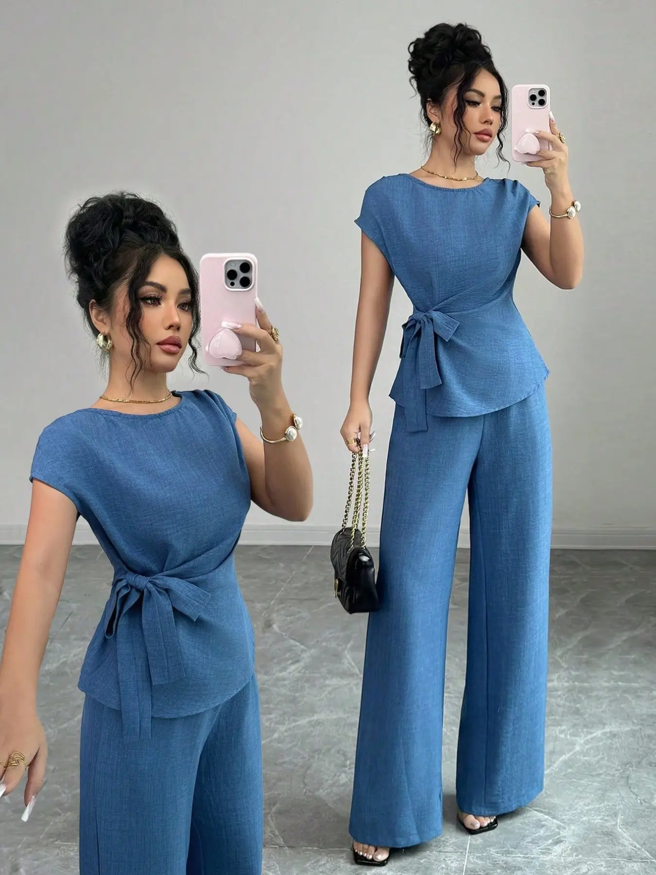 Women's Summer Round Neck Sleeveless Set Outfit, Lightweight Top + Pocketed Long Pants, Fitted Slimming, Waist Tie Design, Fashion Casual, Daily Wear
