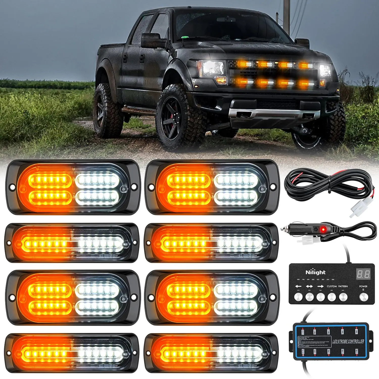 Nilight 8PCS 12V LED Strobe Light Module - Amber White 12-24LED Sync Design, Controller Included - Emergency Lights for Vehicles, Offroad Car Lighting