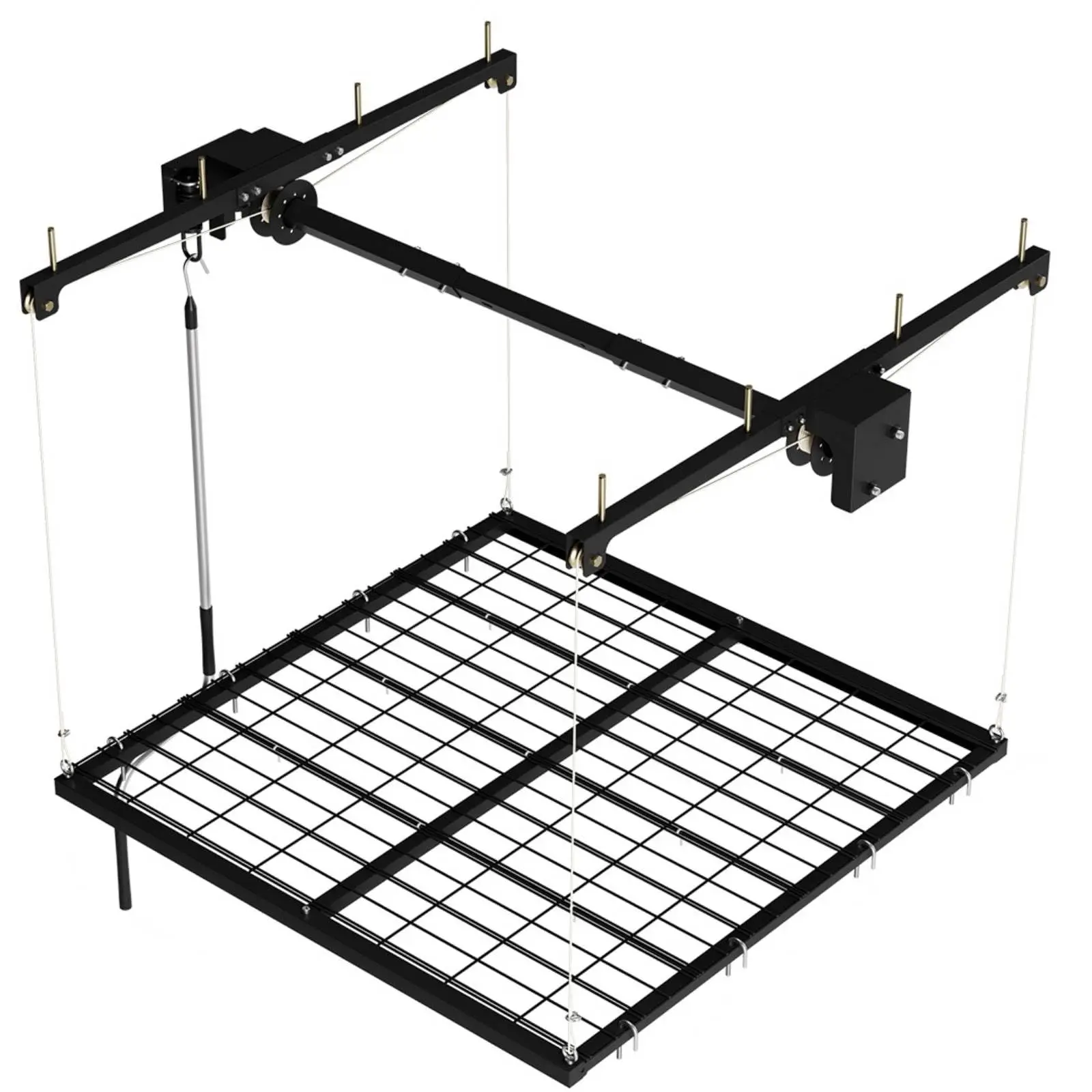 Heavy-Duty Metal Overhead Garage Lifting Storage Rack, 4x4 ft Carbon Steel Ceiling Organiser, Adjustable Joists-Fitting System, Rope Axis, Safety Locks, 350Lbs Safe Load (Tested to 600Lbs), Manual Crank Lift Design