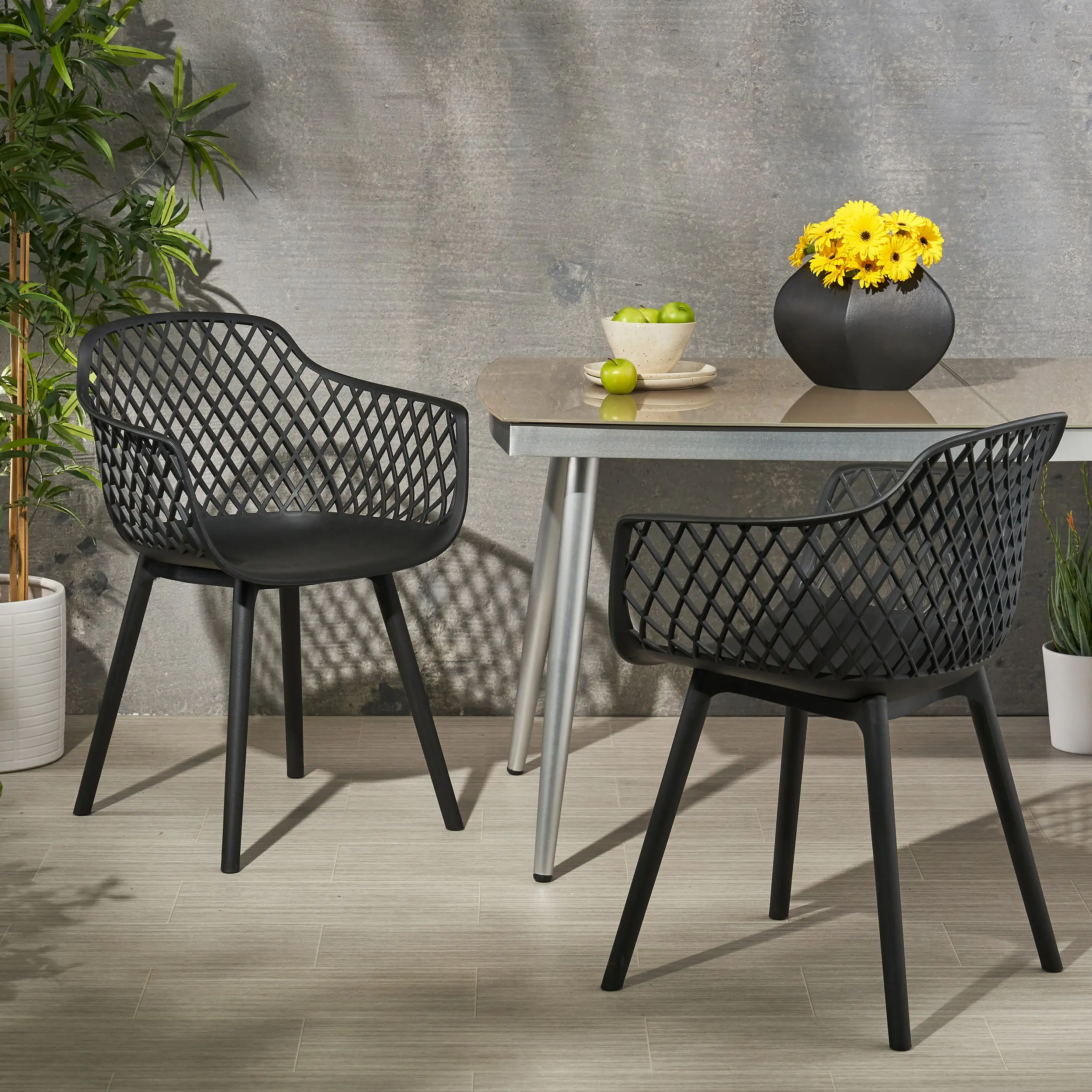 ARCH Set of 2 Outdoor Dining Chairs for Garden Patio, Black Polypropylene Weather-Resistant Stackable Chairs, Modern Minimalist Diamond Mesh Design, 21.85x21.85x32 Inch, Heavy Duty Sturdy Frame for Backyard Deck Poolside Dining Room Furniture