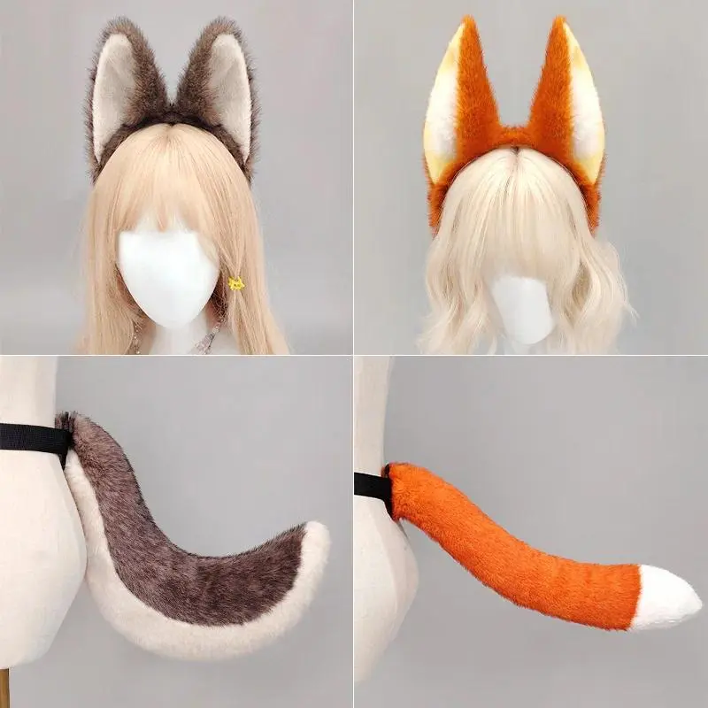 Handmade Fox & Wolf Ears Headband and Tail Set, Fluffy Faux Fur Cosplay Accessories for Halloween & Lolita Party