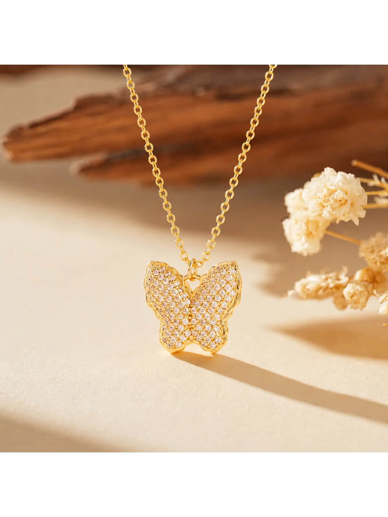 Gold Tone Pave Cubic Zirconia Butterfly Pendant Cable Chain Necklace for Women, Dainty Elegant Luxury Delicate Choker Necklace, Trendy Timeless Jewelry for Daily Office Date Cocktail Party Birthday Anniversary Valentine's Day Gift