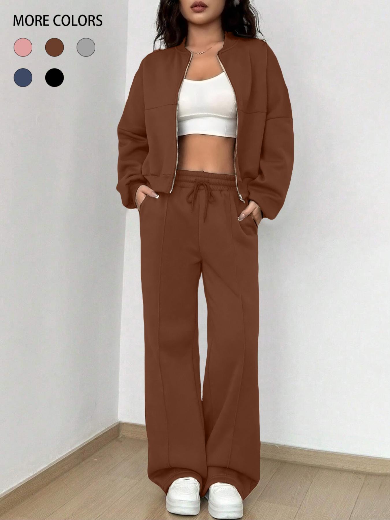 Women's Solid Zip Up Crop Jacket & Drawstring Waist Pants Two-piece Set, Casual Fashion Drop Shoulder Long Sleeve Top & High Waist Trousers for Daily Outdoor Wear, Women's Clothing for Spring & Fall