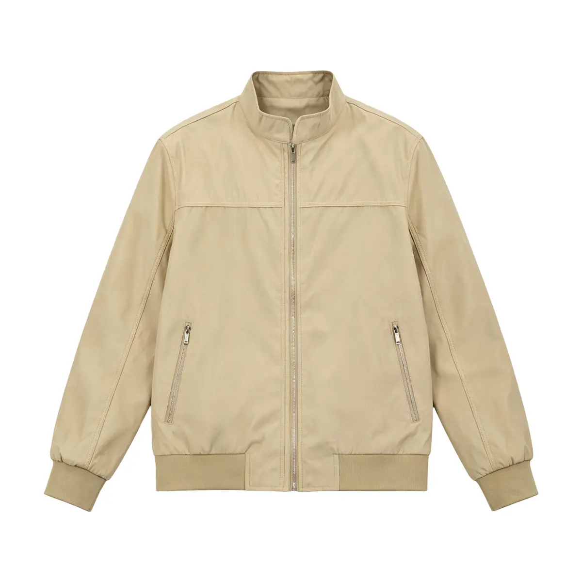Men's Clean Plain Stand Collar Bomber Windbreaker - Solid Light Beige, Full Zip, Rib Trim, Light Windproof, Business Casual, All-Match Minimal Gentleman Outerwear