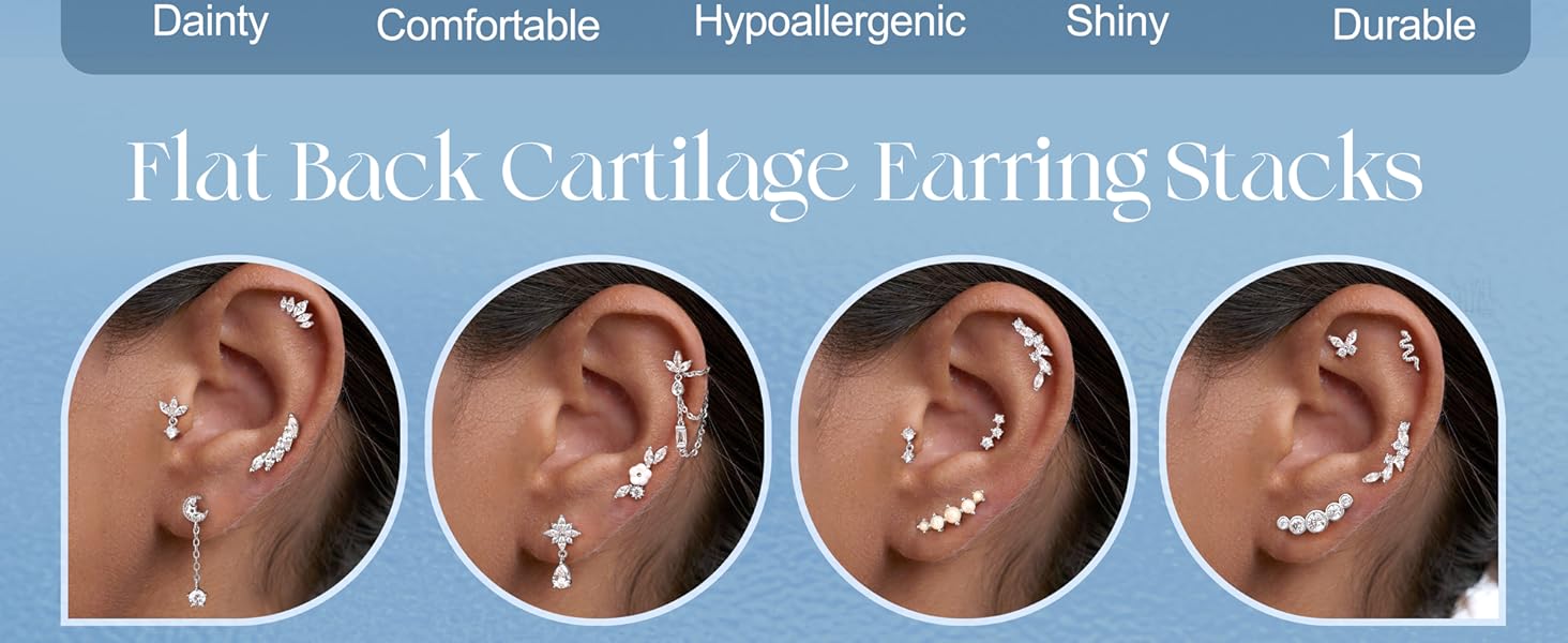 CASSIECA 1Pairs Cartilage Earrings for Women Flat Back 925 Sterling Silver Post Stud Flatback Earrings for Sensitive Ears-20G Ear Crawler Climber Cartilage Earring Tragus Conch Helix Piercing Jewelry CASSIECA 1Pairs Cartilage Earrings for Women Flat Back 925 Sterling Silver Post Stud Flatback Earrings for Sensitive Ears-20G Ear Crawler Climber Cartilage Earring Tragus Conch Helix Piercing Jewelry