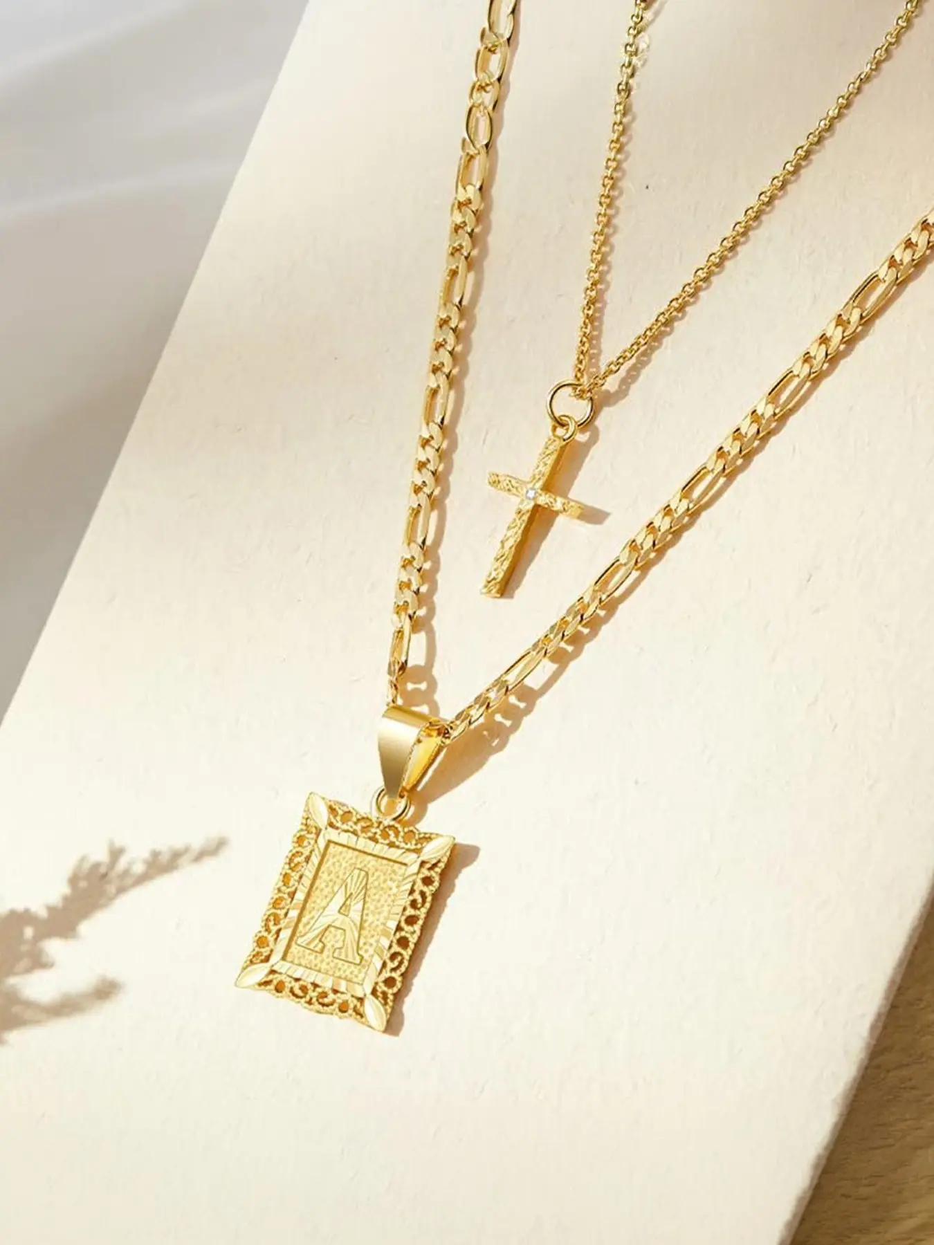 Fashionable Layered Necklace Set, Initial Letter & Cross Pendant, 14k, Perfect Gift for Women, Durable Jewelry