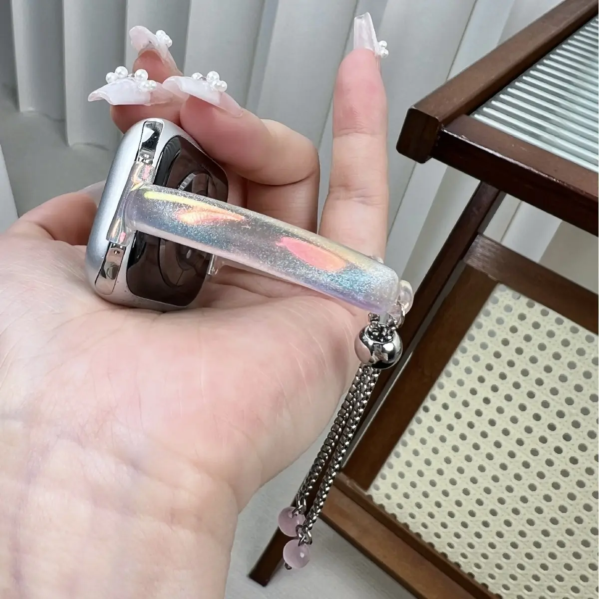 Women's Adjustable 2-Strand Aurora Iridescent Cat Eye Resin Bag Strap, Breathable Pink Bead Tassel, Iris Shimmer, Pull Chain, Lightweight, Wearable Daily Wear Summer Accessory for Smart Watches & Bag Accessories