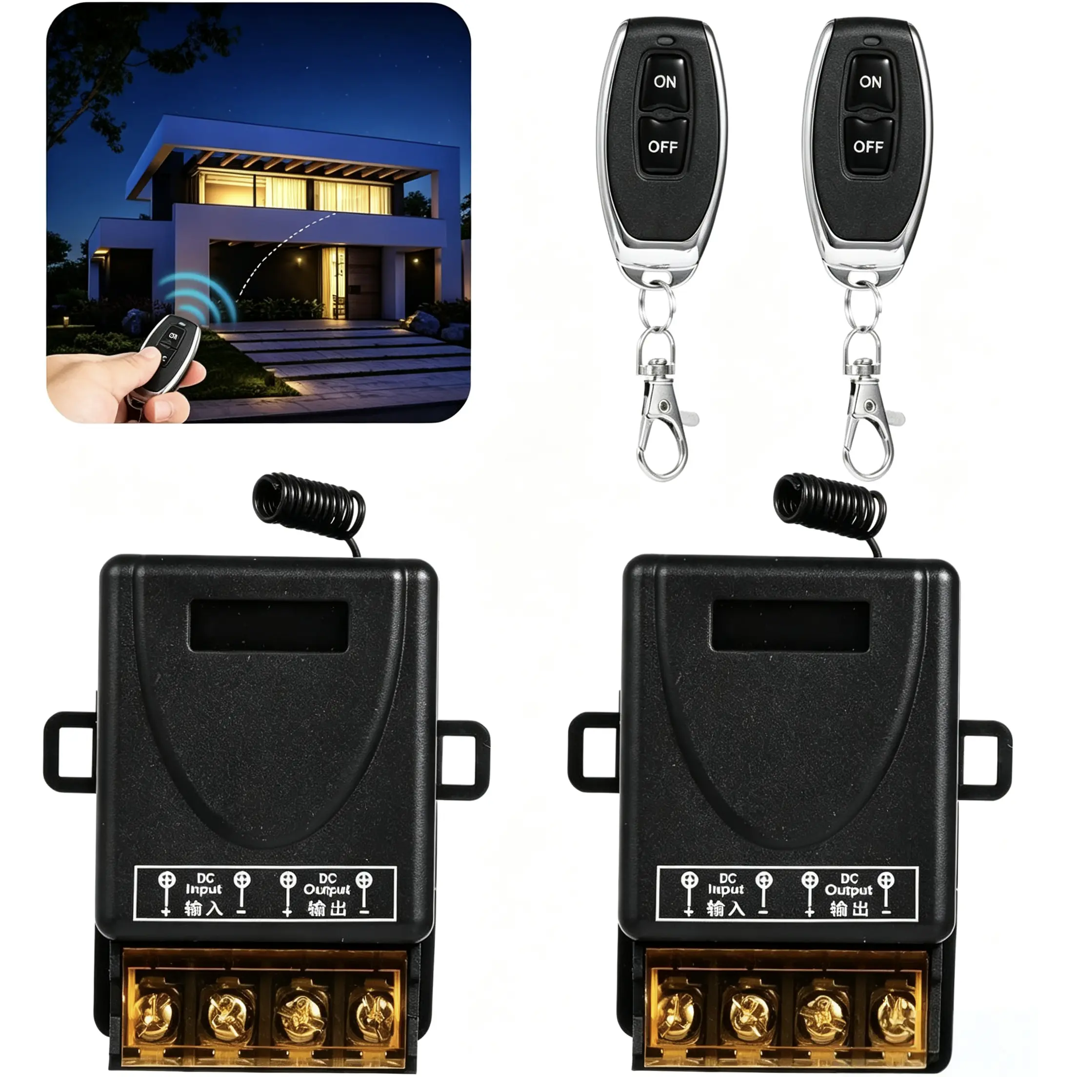 433Mhz Wireless Remote Control Switch with 328ft Long Range Radio Control DC 12V 24V 36V 48V 12V-75V 40A Relay Receiver and 2 Transmitters Keyfobs for Lighting Water Pump Household Appliances