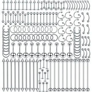 150PCS Piercing Kit Jewelry Stainless Steel Lip Nose Tongue Tragus Cartilage Daith Eeybrow Belly Button Rings Body Piercing Tools 14G 16G 20G