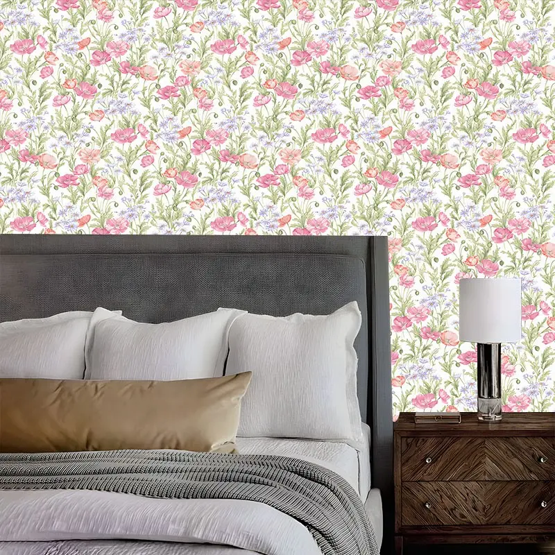Watercolor Pink Poppy Floral Peel And Stick Wallpaper Soft Cottage Botanical Removable Self Adhesive No Residue Easy Install Contact Paper For Family Friends Colleagues Bedroom Furniture Kitchen Bathroom Multi Home Decor