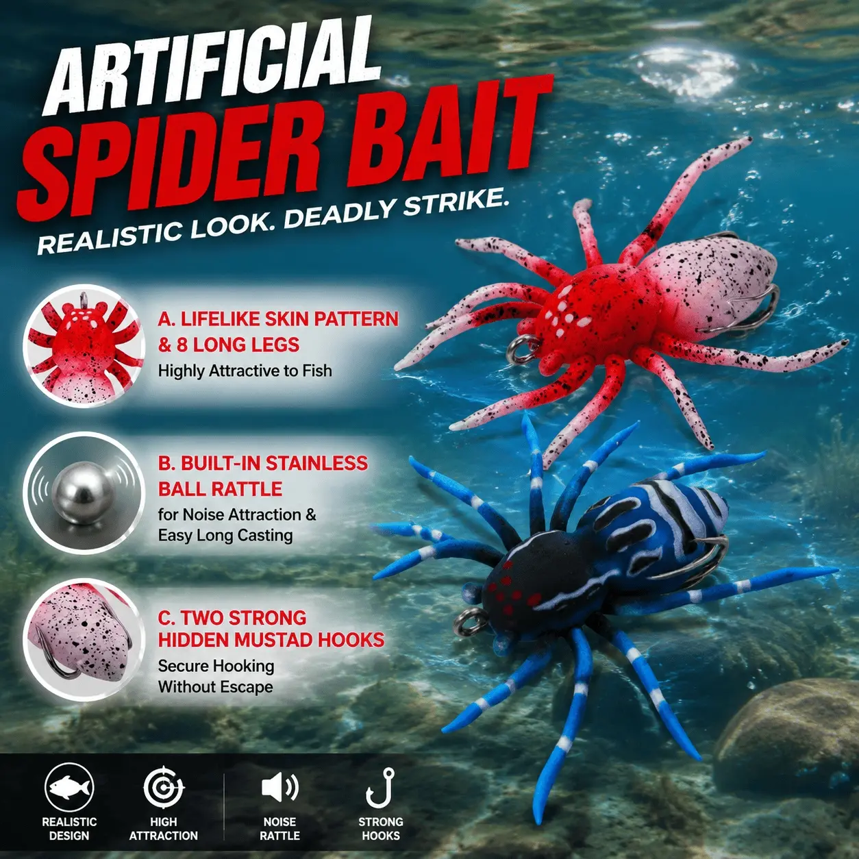 High Realistic Soft Spider Lure Kit with Treble Hook, 7cm 6.4g Freshwater Saltwater Artificial Lures Fishing Bait for Perch Bass, Waterproof Durable Tackle, 6 Colors