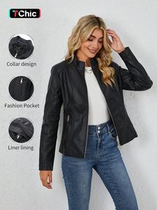 women's pu leather jacket, casual fitted short coat with zipper pockets, spring & fall street style windproof outerwear