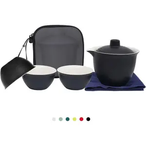 Porcelain Chinese Gongfu Tea Sets for Adults Portable Kungfu Teapot and Cup Set Small Ceramic Tea Party Set Travel Teaset with Lid for Home Gifting Outdoor and Office (Black)