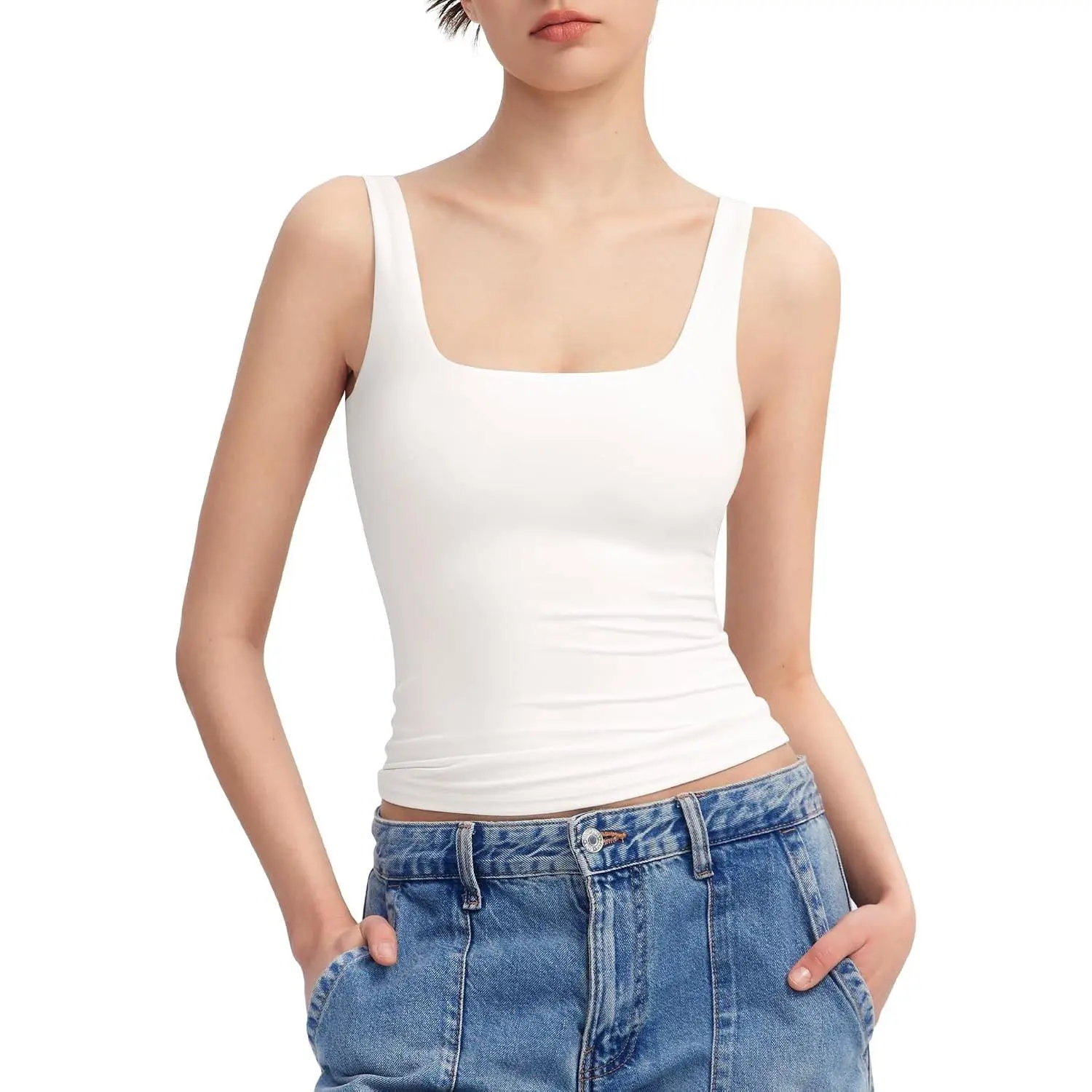 Women's Square Neck Tank Top Sleeveless Double Lined Basic Tops Sharp Collection