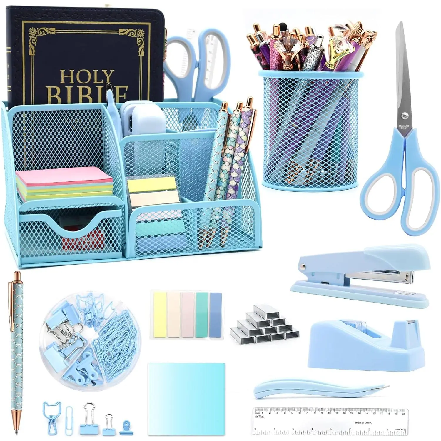 12 in 1 Desk Organizers and Accessories Set, Blue Gifts for Coworkers, Office Supplies Include Stapler Pen Holder Tape Holder  Ruler Staple Remover for  School