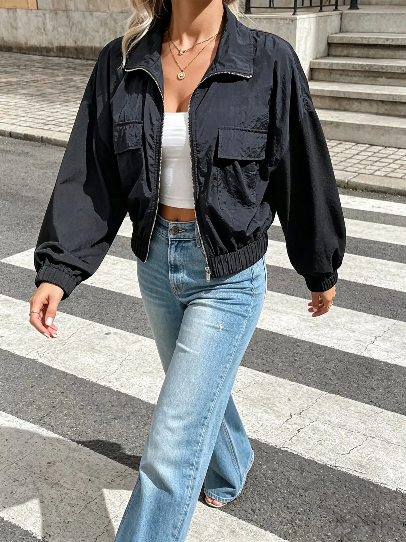 Women Lapel Zipper Cropped Bomber Jacket With Pockets Loose Fit Casual Sport Windbreaker Elastic Cuff Hem Wrinkle Fabric Long Sleeve Crop Jacket Streetwear Daily Outerwear Spring Autumn Solid Black Loose Lightweight Casual Sports Jacket