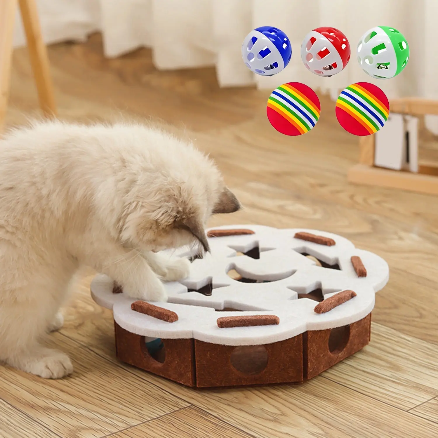 Interactive Felt Cat Puzzle Toy with 5 Colorful Balls, Cat Maze Box for Indoor Cats, Mental Stimulation & Enrichment, Safe Soft Felt Design