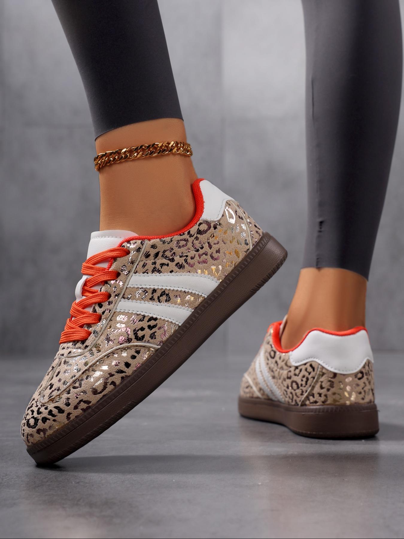 Size Runs Small, Size up1 size,Women's Leopard Print Lace-Up Flat Casual Shoes, Lightweight Comfortable PU Leather Sneakers for All Seasons, Daily Wear Outdoor Sports, Trendy Walking Sneaker