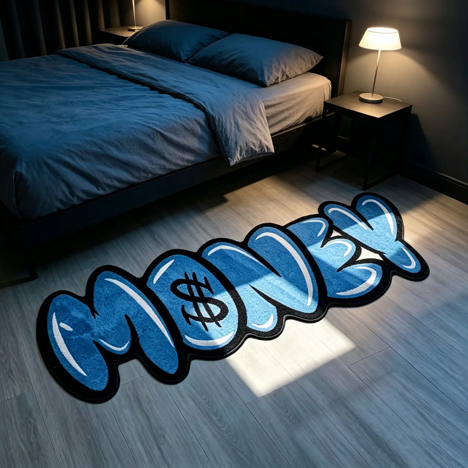 Hip-Hop Style Money Symbol Rug, Blue Bubble Letter Graffiti Mat, Cozy Bedroom Bedside Pad, Trendy Design, Durable Floor Protector