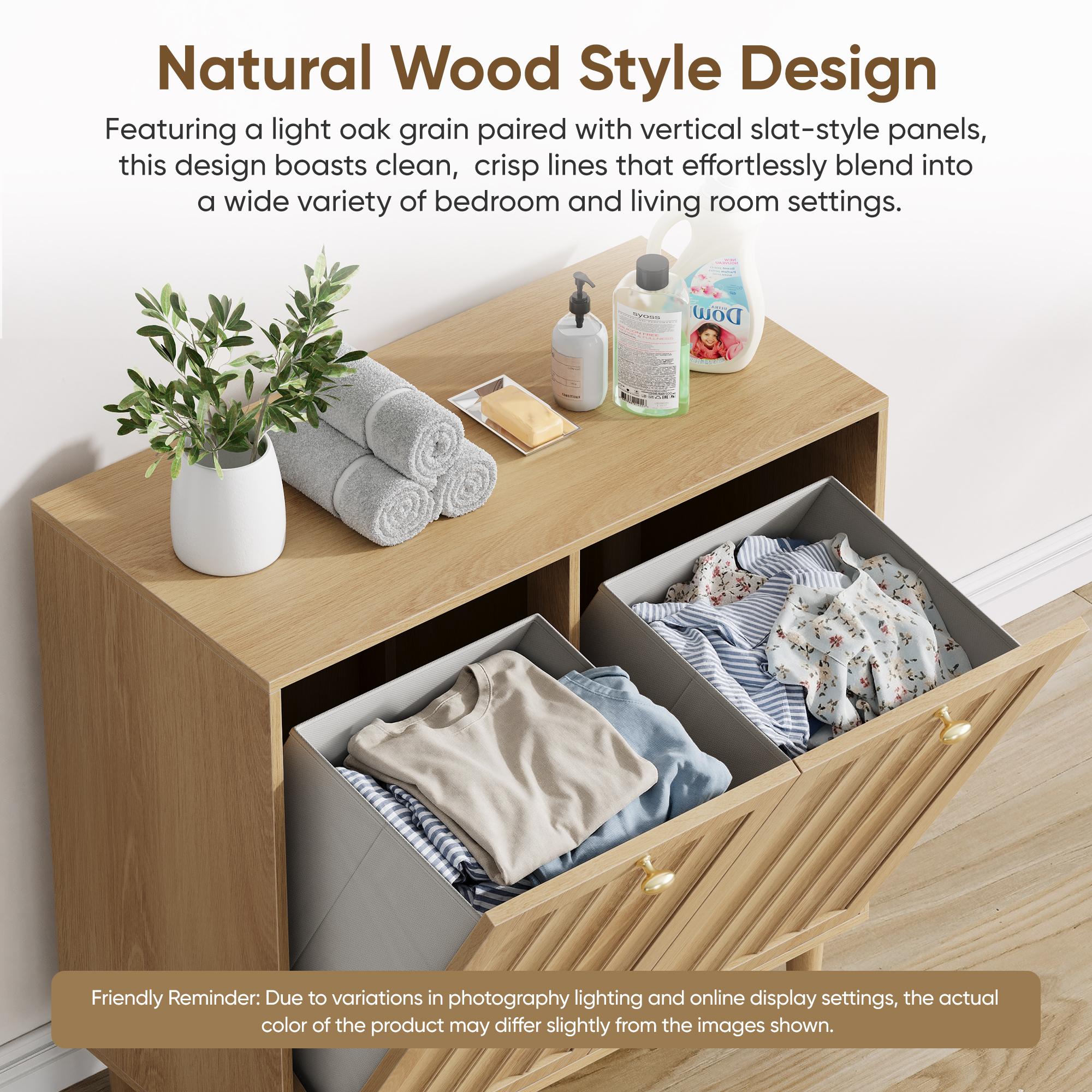 Sloping laundry basket with removable inner basket, concealed laundry basket, bathroom laundry storage cabinet, freestanding household storage rack, oak color