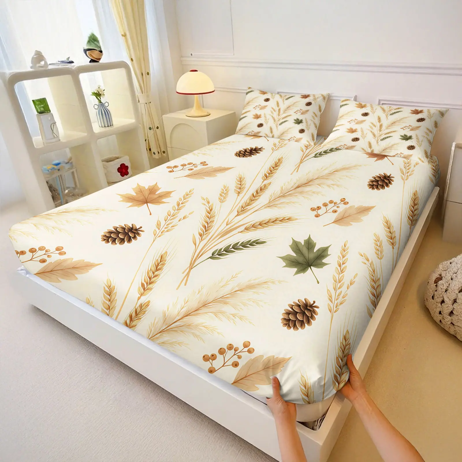 3Pcs Harvest Farm Fitted Sheet Set, Pumpkin Wheat Maple Leaf Animal Full Print, Elastic Snug Anti Slip Mattress Cover