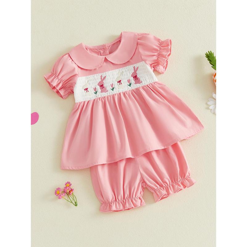 Toddler Baby Little Girls Easter Outfit Short Sleeve Smocked Embroidery Rabbit T-shirt with Elastic Waist Shorts Outfit 3M-3Y