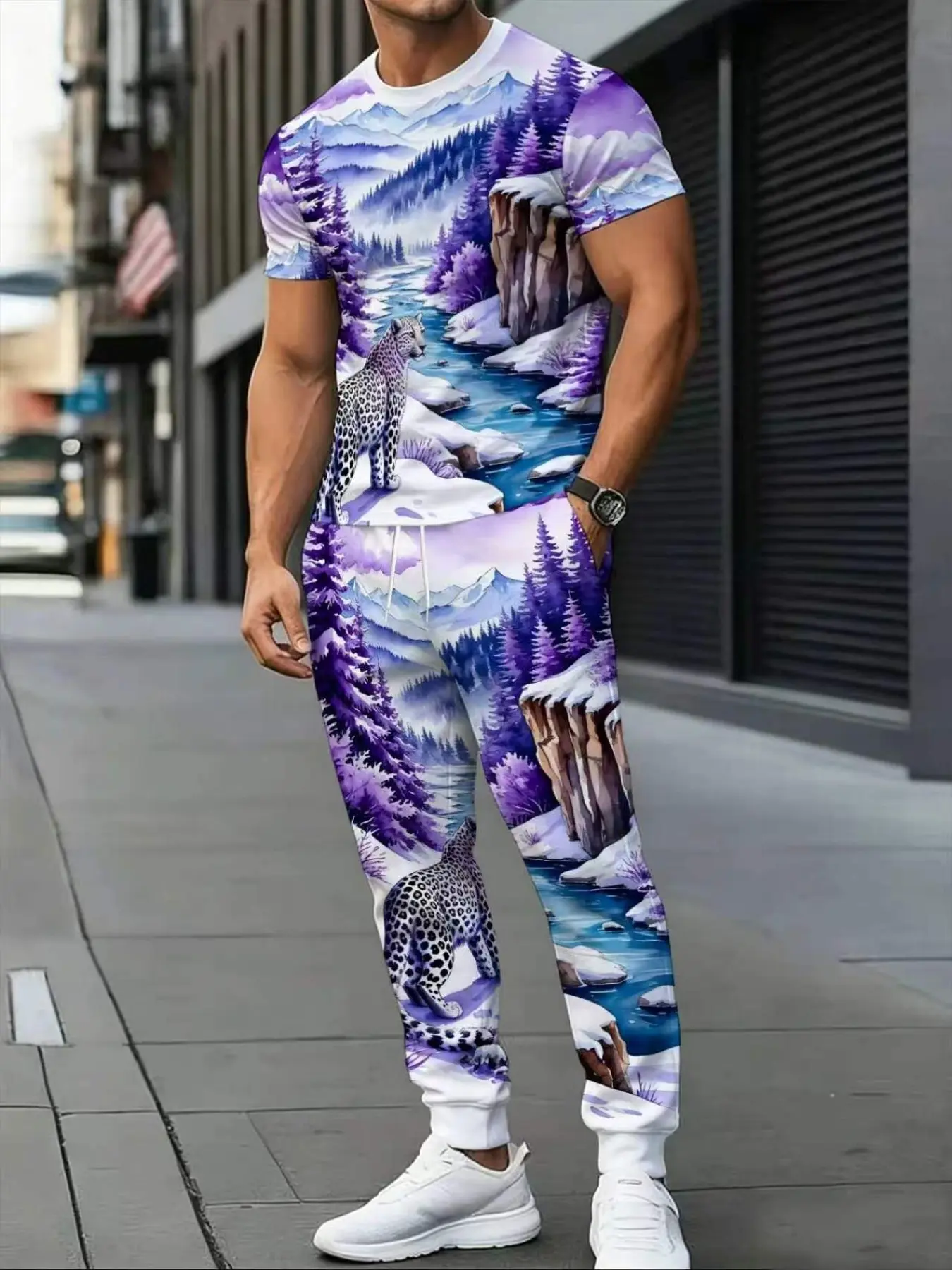 Men's American Style Fog Forest Snow Leopard Print Short Sleeve Set, Casual Sports, Regular Fit Knit Fabric