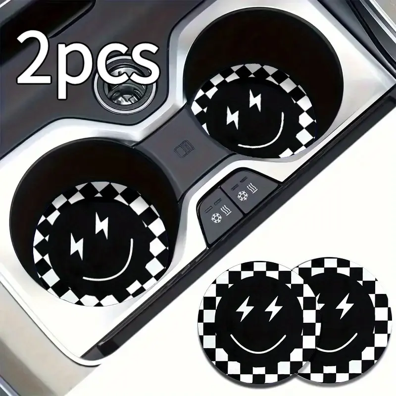 2pcs Classic Black and White Plaid Happy Face Pattern Coasters/Round Coasters/Interior Cup Holder Decoration/Gift for Friends