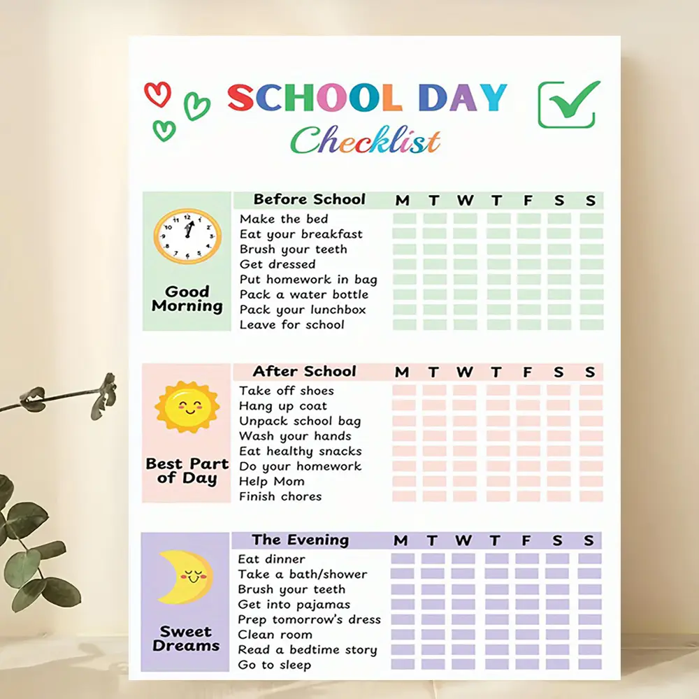 2D canvas artwork, a piece that displays a daily school checklist, including sections for "Before," "After," and "Before Bed." It is a fun and practical planner, suitable for home, office, or cafe decoration