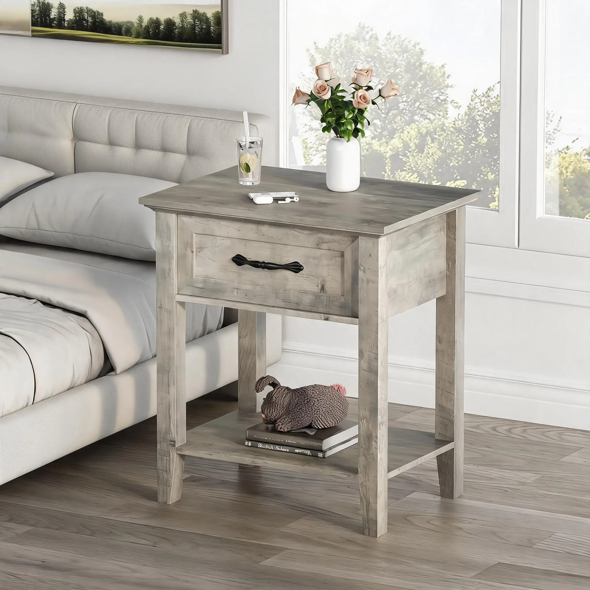 Nightstand with Wood Bedside Table 1 Drawer, Open Storage Shelf, Industrial Side Table, Narrow White Nightstand, Versatile for Bedroom Office Sofa Couch Small Spaces