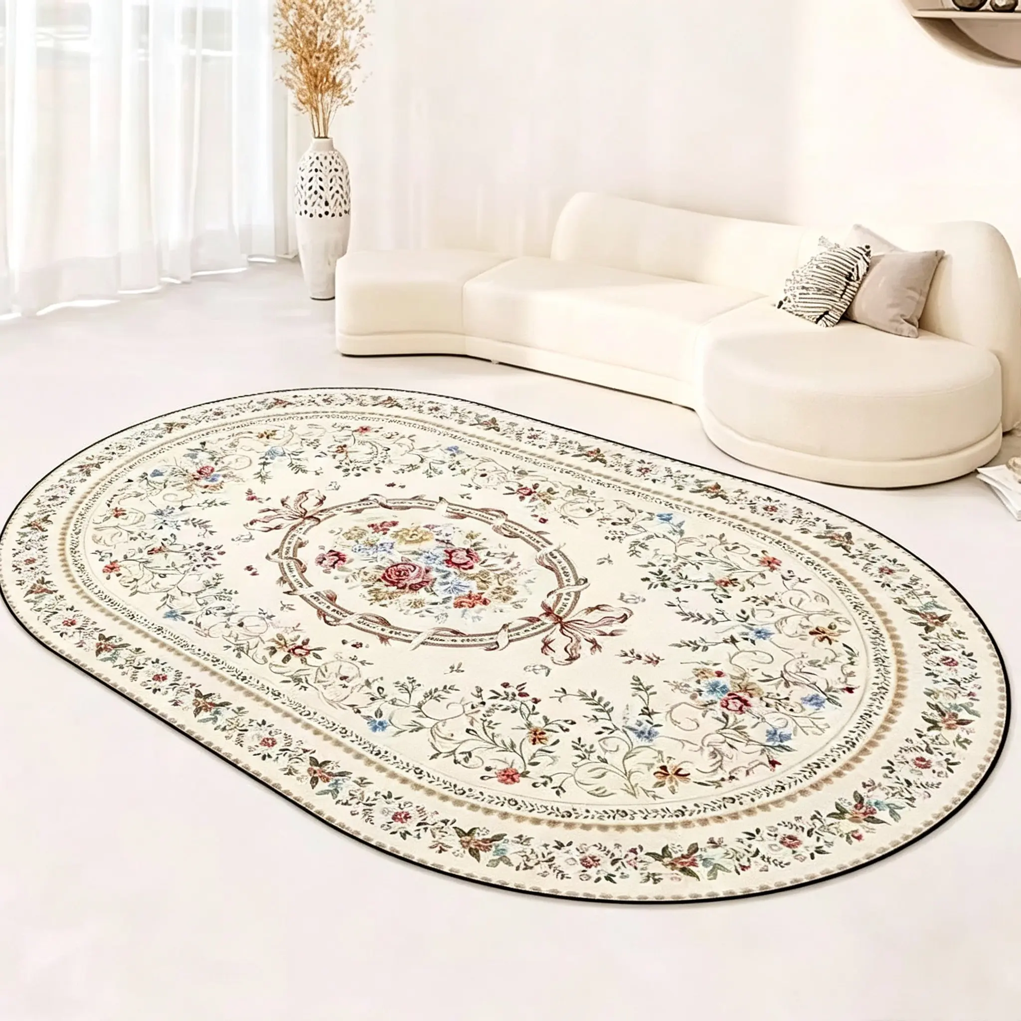 Luxurious Soft Faux Cashmere Oval Area Rug, Plush Non-Slip Design for Living Room and Bedroom, Floral Pattern Carpet