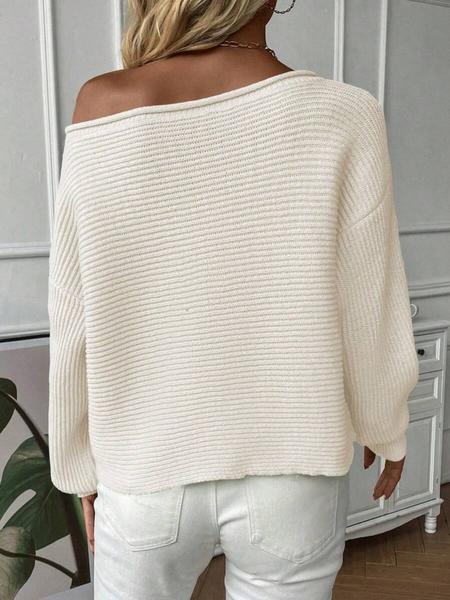 Women's Off-Shoulder Boat Neck Solid Color Long Sleeve Pullover Sweater Knitwear, Autumn/Winter Ribbed Knit Casual Loose Fit Cute Fashion Cozy Soft Lightweight Sweater Top, Fall Outfit for Women, Winter Sweater Women