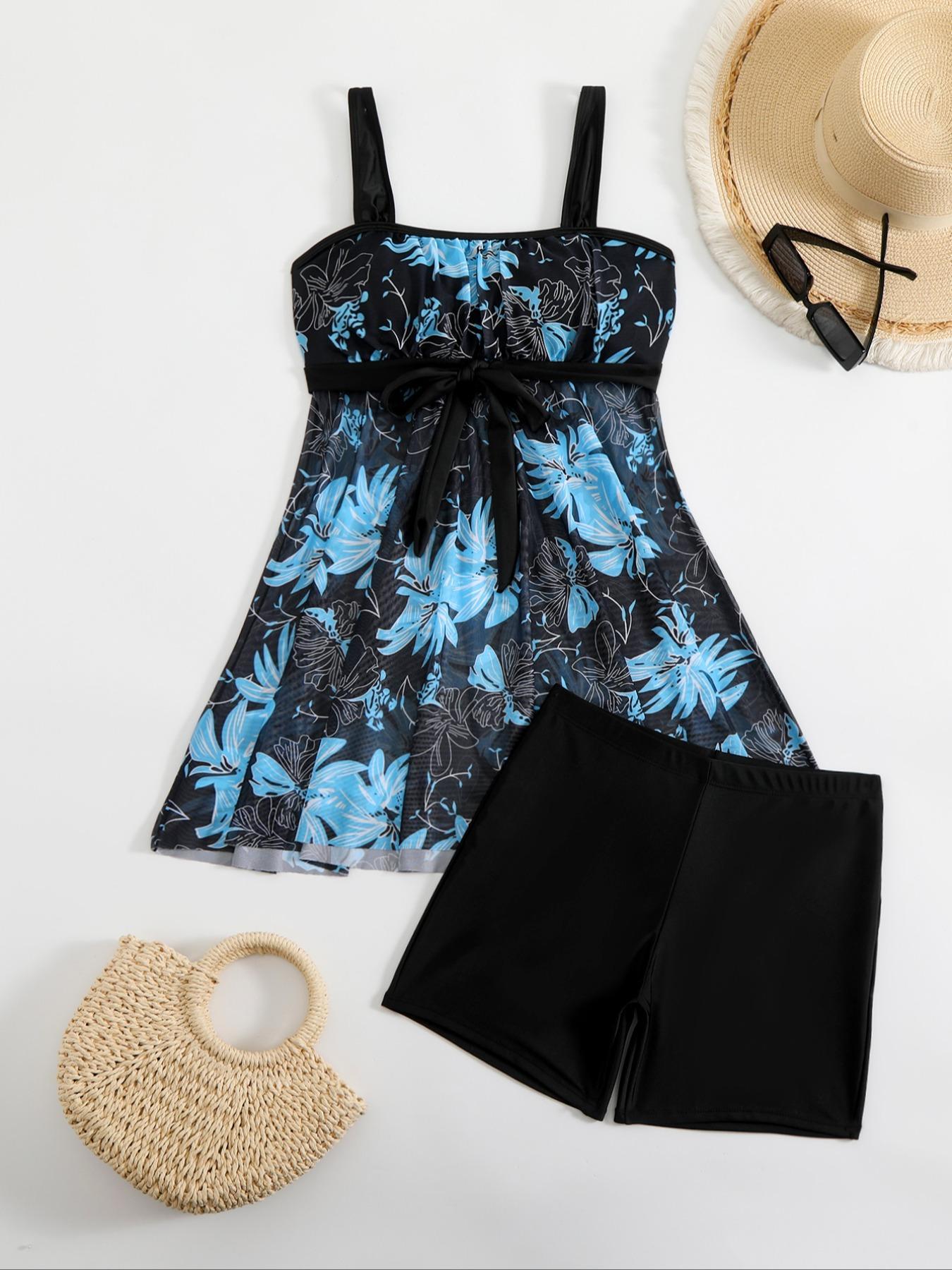 Women's Floral Print Tankini Set, Casual Sleeveless Swim Top & High Waist Swim Bottom Swimsuit for Beach Holiday Vacation, Ladies Swimwear for All Seasons, Tankini Outfit, Floral Pattern Tankini, Tankini Bathing Suits