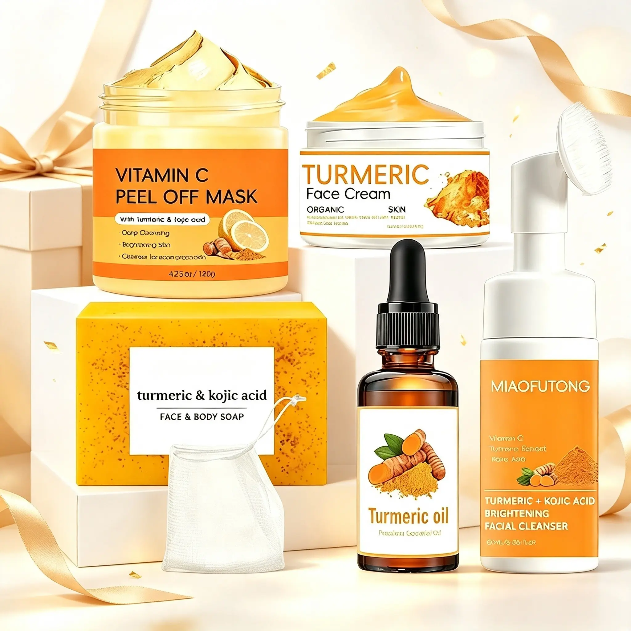 5 in 1 Turmeric Kojic Acid Brightening Skin Care Set, Vitamin C Peel Off Mask, Facial Cleanser, Turmeric Soap, Face Cream, Essential Oil, Dark Spot Corrector Facial Kit