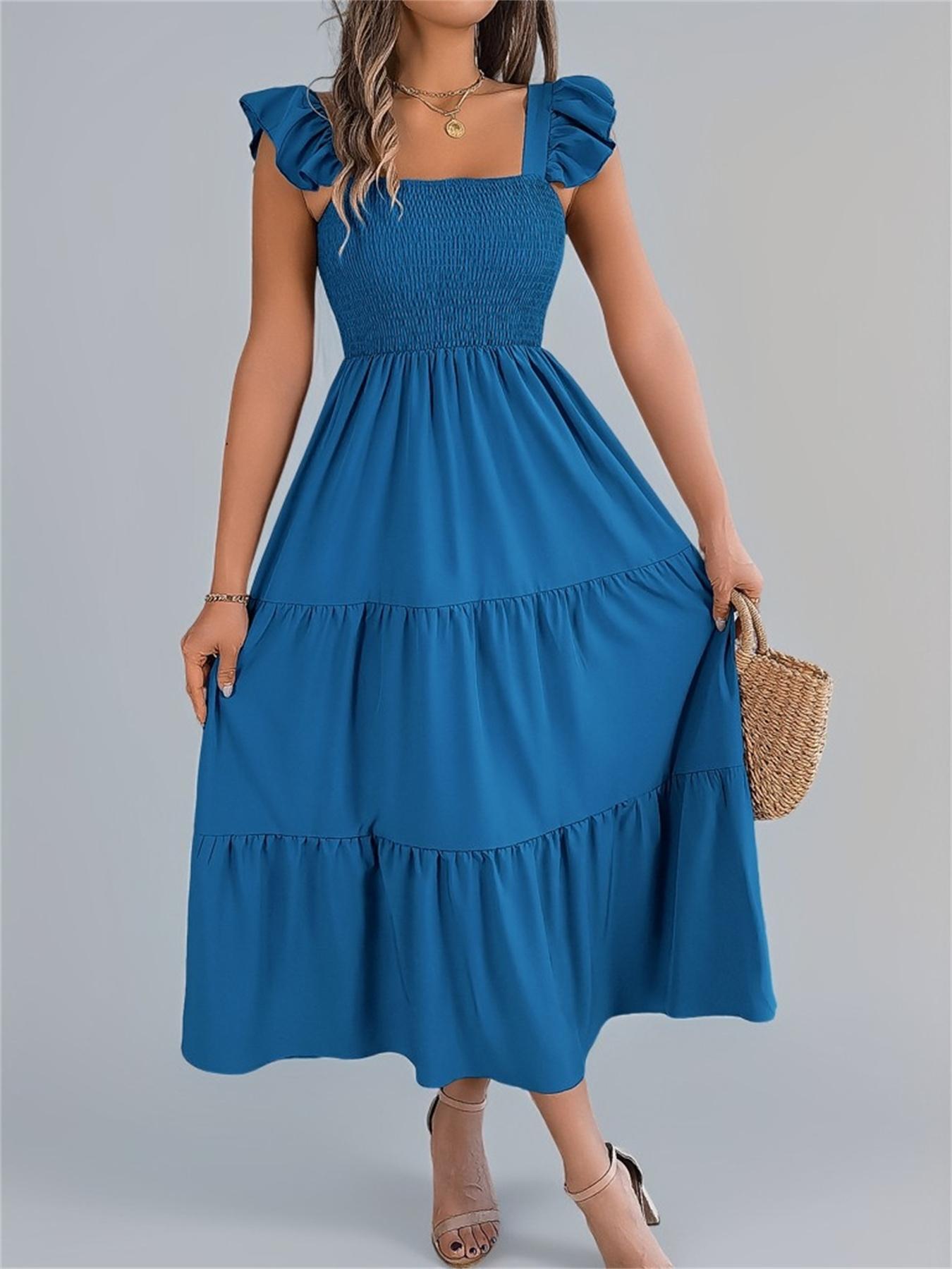 Women's Plain Shirred Dress, Casual Sleeveless Square Neck Dress for Summer, Ladies Clothes for Beach Holiday