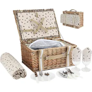 Willow Picnic Basket Set for 2 Persons with Lare Insulated Cooler Ba and Waterproof Picnic Blanket, Wicker Picnic Hamper for Campin,Outdoor,Birthday
