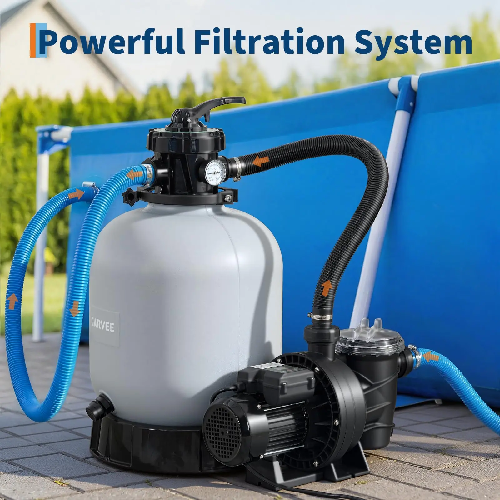 Swimming Pool Pump & Sand Filter System with 7-Way Valve & Strainer Basket, Blue