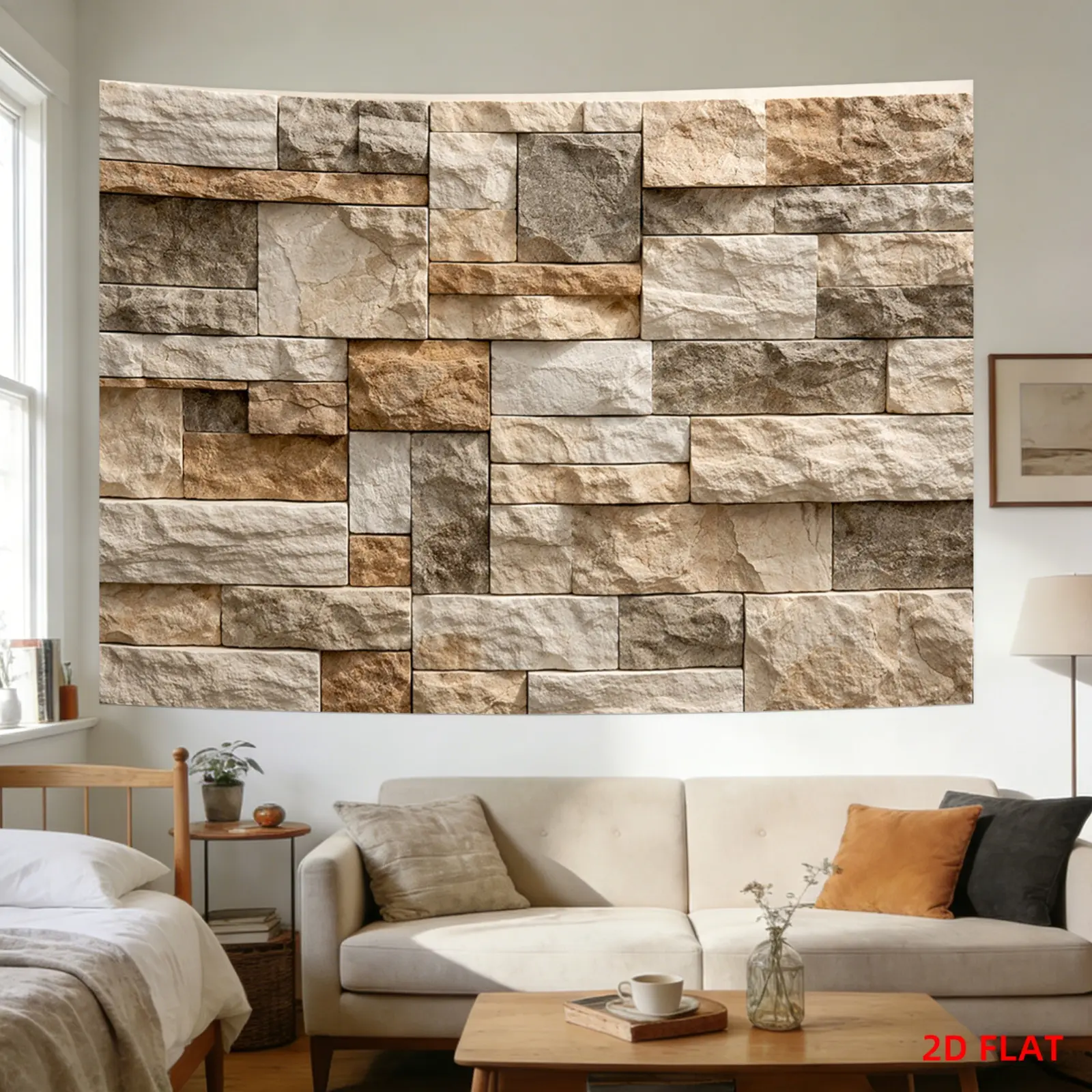 Brown & Beige Stone-Wall Texture Tapestry - Large/Small Patterned 2D Print Non-Luminous Textile Decoration, Hanging Wall Art for Living Rooms, Ideal Gift, Live, Light, Wall Decor