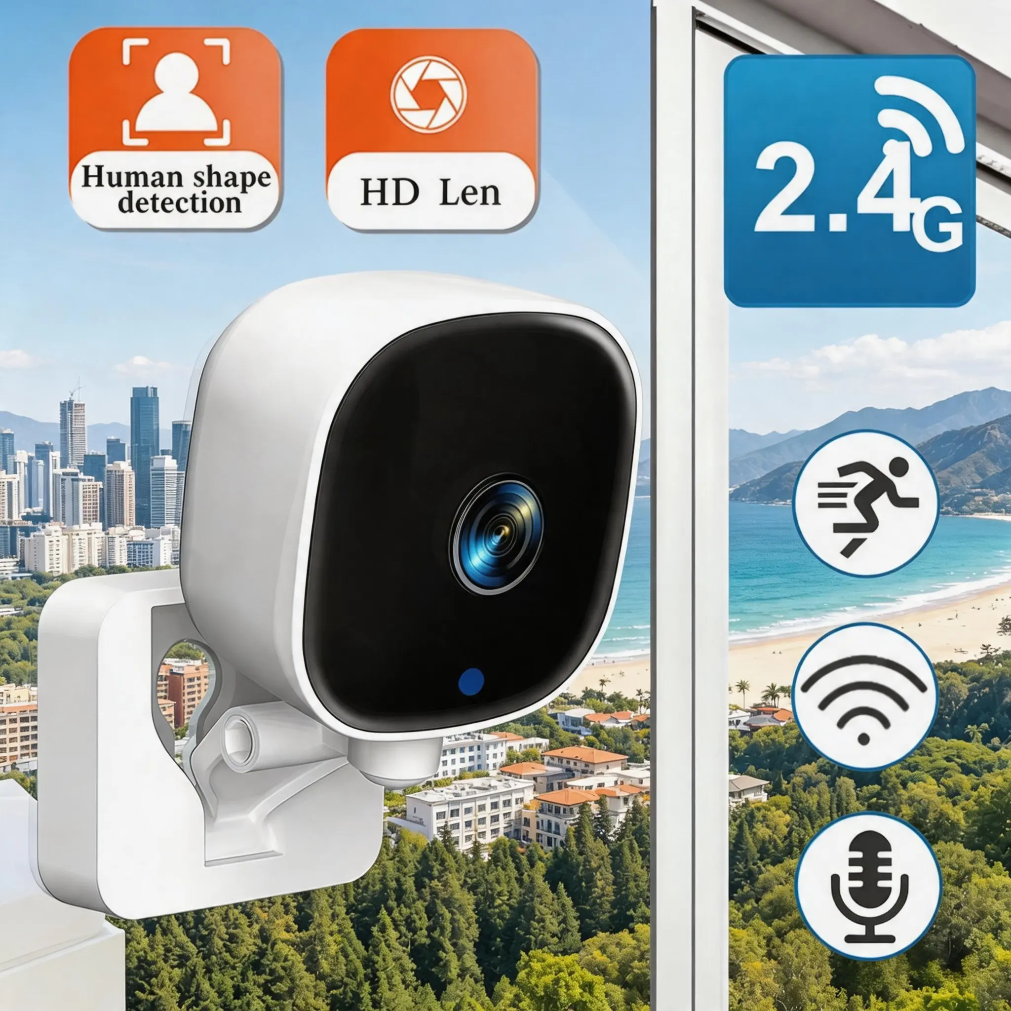 Indoor HD Security Camera House Cameras 2.4G WiFi Window Stick Mount Human Detection Full Color Night Vision Two Way Audio 24H Recording for Home Renter Baby Pet Monitoring