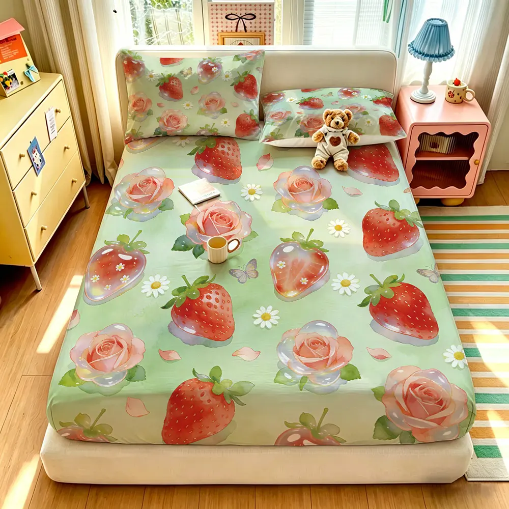 A 3-piece strawberry rose floral pattern printed bedding set, including 1 bedspread and 2 pillowcases, without a filling. The bedspread is soft and comfortable, with a deep pocket design, making it a perfect gift choice.