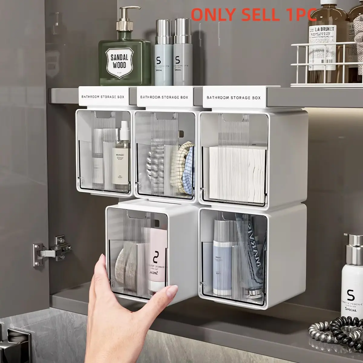 Wall‑Mounted Flip‑Top Bathroom Storage Box, No Drill Hanging Cabinet Organizer, Stackable Transparent Dust‑Proof Storage Container for Cosmetics, Toiletries and Bathroom Sundries, Toothbrush Holders for Bathrooms