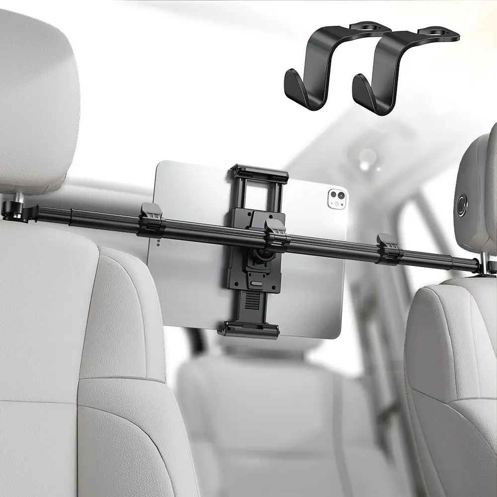 Car Headrest Tablet Stand, Adjustable 5-13 Inch Tablets, 360° Rotating Base, Safe Headrest Hook for Road Trips, iPad Pro/air/mini, Galaxy Tab, Kindle Fire