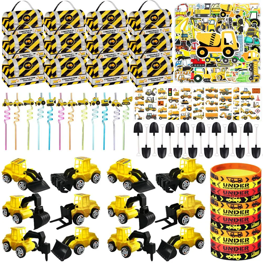 Construction Party Supplies, 124pcs/set Construction Party Toys, Including Truck Sticker, Gift Bag, Shovel, Wristband, Straw, Vehicle Toy, Party Favors