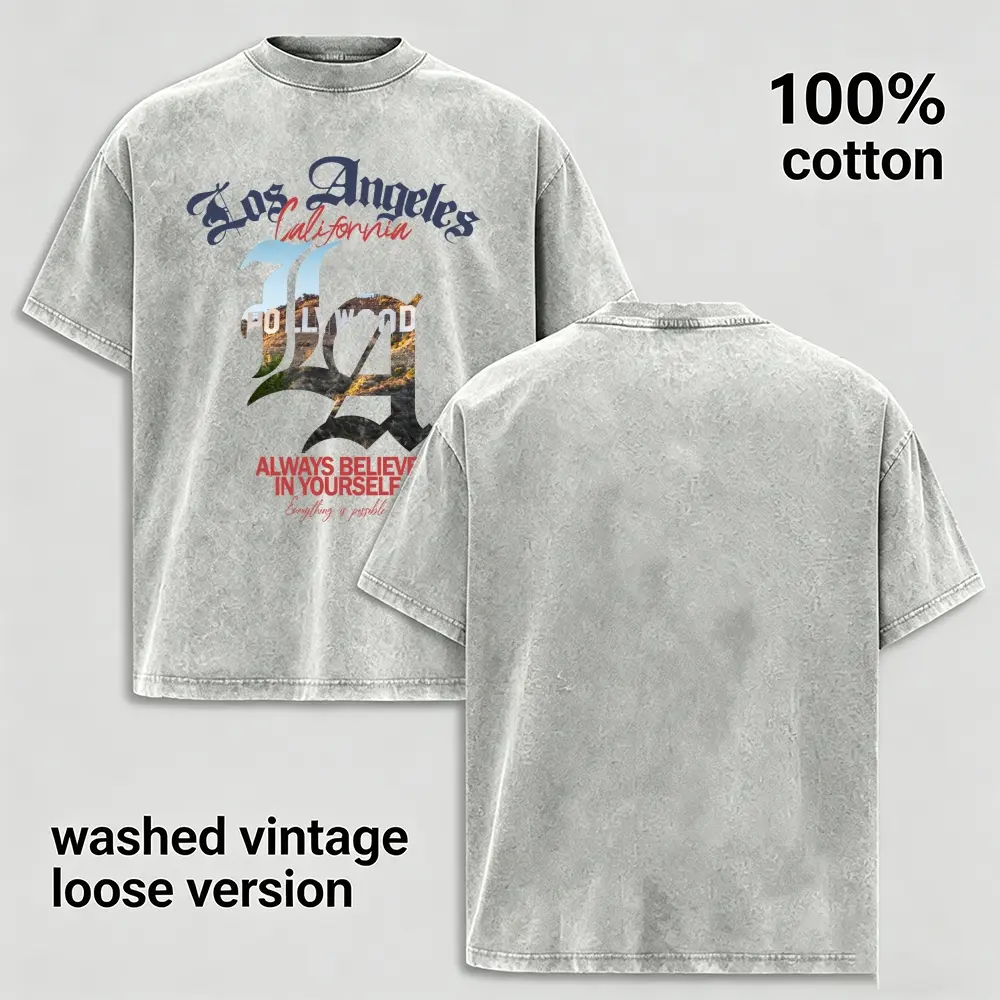 Men's Vintage Washed 100% Cotton Graphic Tee - Los Angeles LA Hollywood Scenic Print, Loose Oversized Fit, Short Sleeve, Washed Finish, Faded Texture, Distressed Look, Streetwear, Perfect Gift for Guys, Vintage Graphic Tees