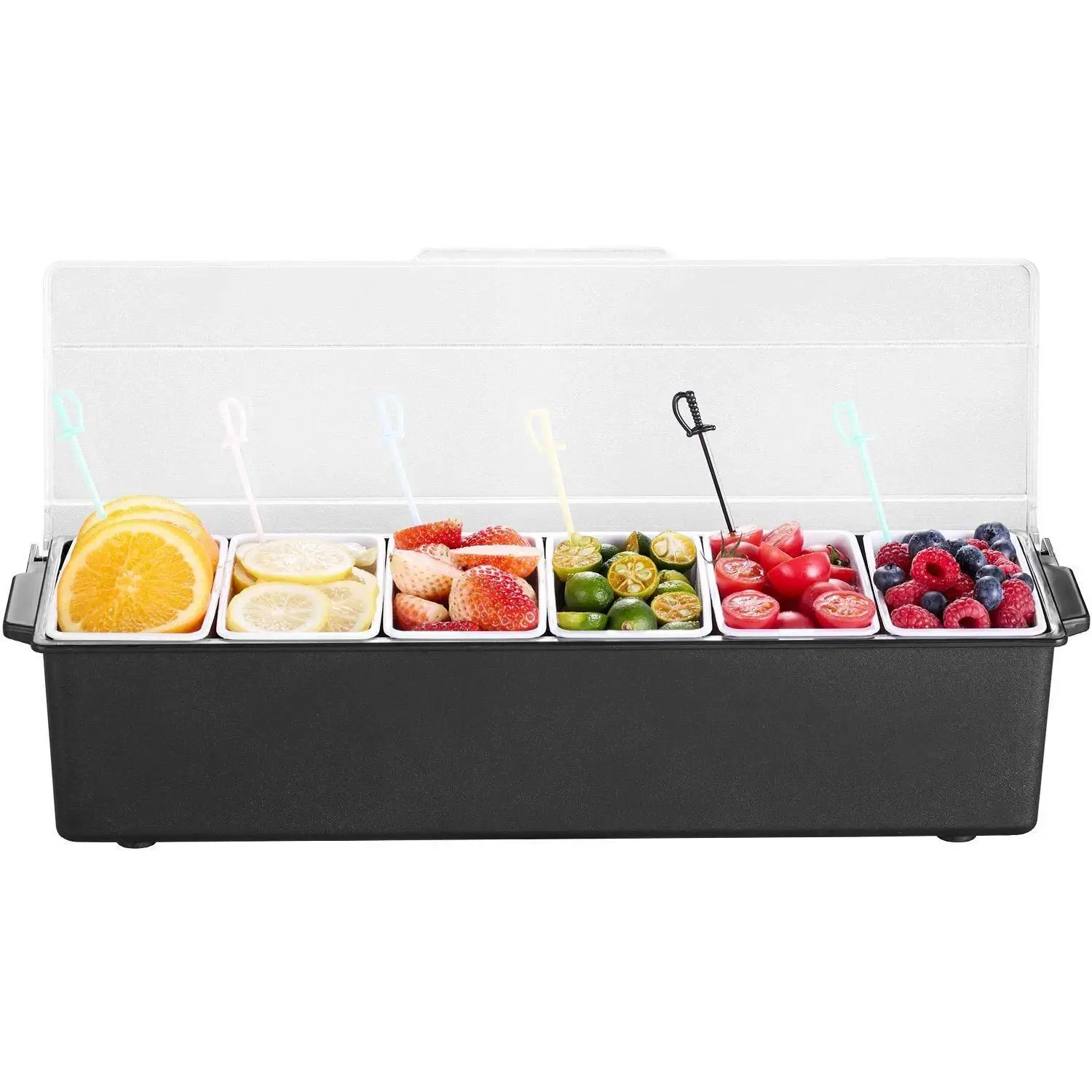 Father's Day / Mother's Day Chilled Condiment Server, 6 Compartment Ice Cooled Condiment Serving Container, Chilled Garnish Tray Bar Caddy with Lid, for Bartending & Serving Taco, Salad, Fruit, Home & Restaurant Supplies, Kitchen Plastic Containers