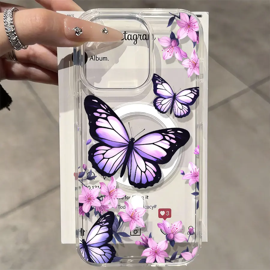 Phone Case: 1pc Purple Butterfly and Flower Phone Case Suitable for iPhone 17 E Air Pro ProMax iPhone16 15 14 Plus 13 12 11 X XS XR Phone Magnetic Case Minimalist Aesthetic Cute