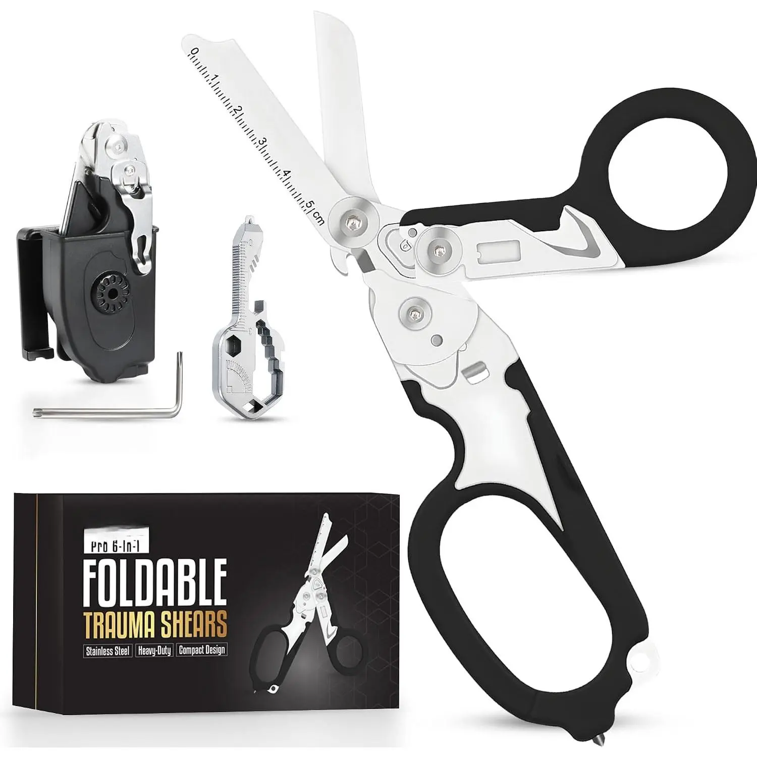 6-in-1 Foldable Trauma Shears with Holster, Stainless Steel