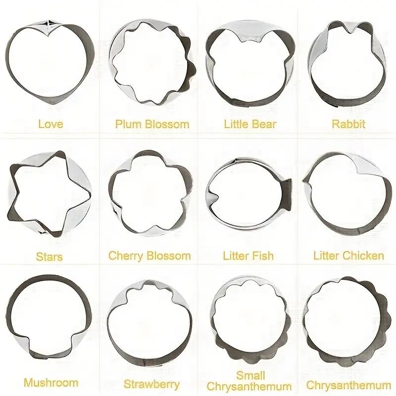 Fruit & Vegetable Cutter, 12pcs/set Stainless Steel Cookie Cutter with 1 Count Demoulding Rod, Household Kitchen Mold Set, Kitchen Baking Tool for Home Use