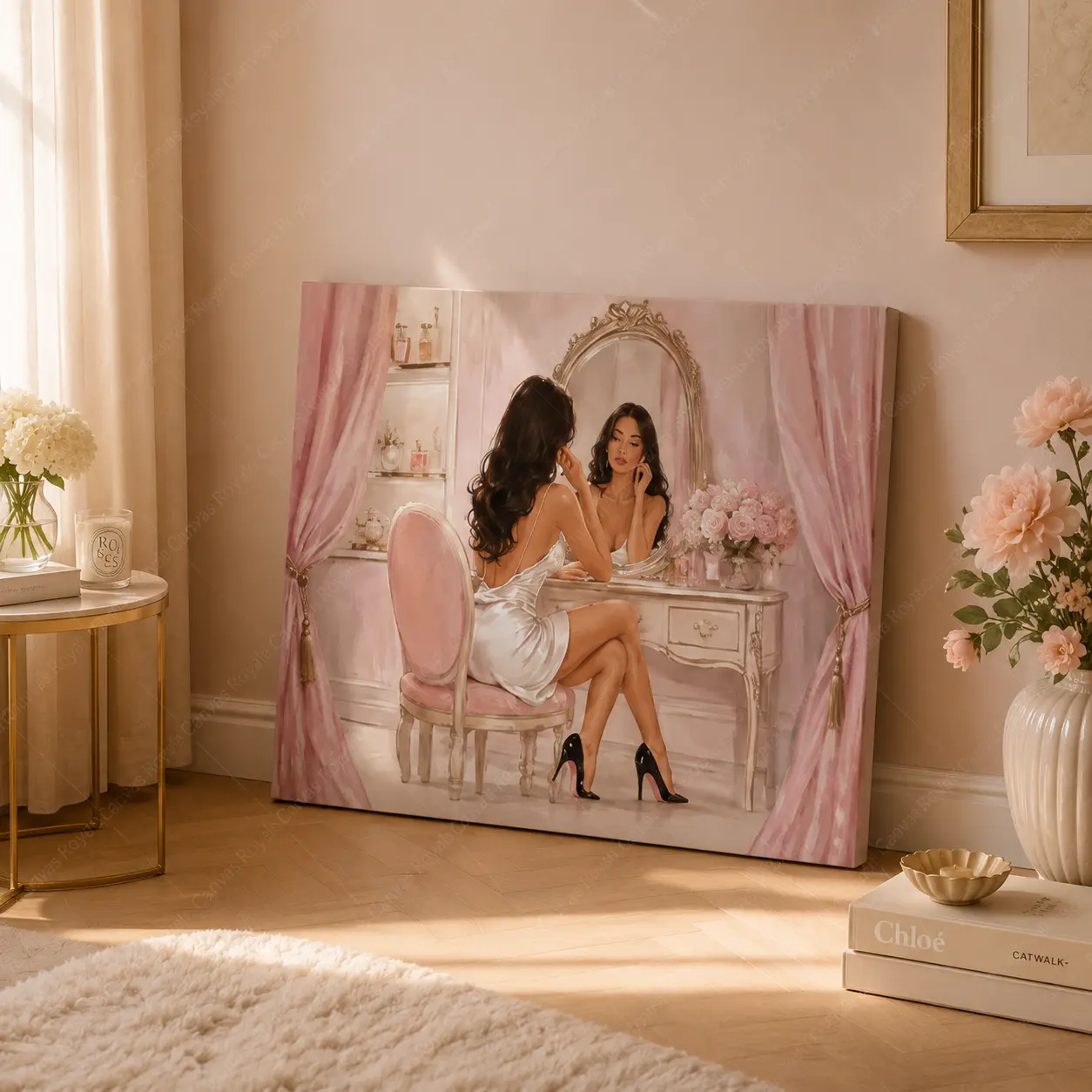 Pink Vanity Fashion Wall Art, Feminine Canvas Poster, Chic Beauty Room Decor, Romantic Blush Bedroom Wall Art, Elegant Makeup Vanity Print, Available as Unframed Canvas Poster or Framed Canvas Wrap